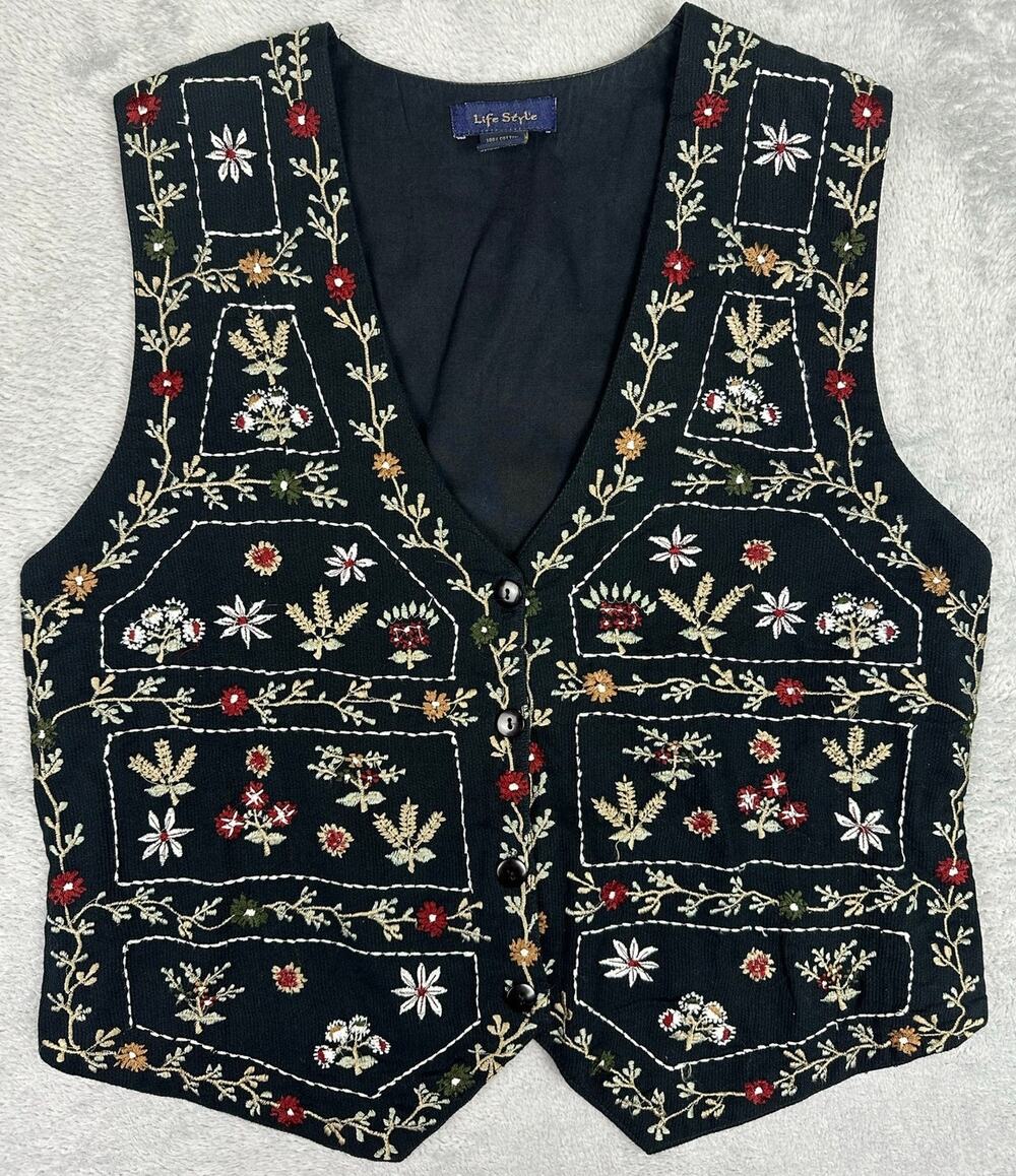 Vintage 90s Black Floral Embroidered Corduroy Vest Waist Coat Womens M Cottage